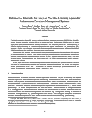 Screenshot of the pdf document for External vs. Internal: An Essay on Machine Learning Agents for Autonomous Database Management Systems